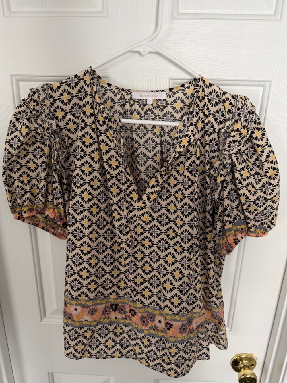 Olivaceous Women’s Multicolor Boho Pattern Puff Sleeve Blouse Top Size Large